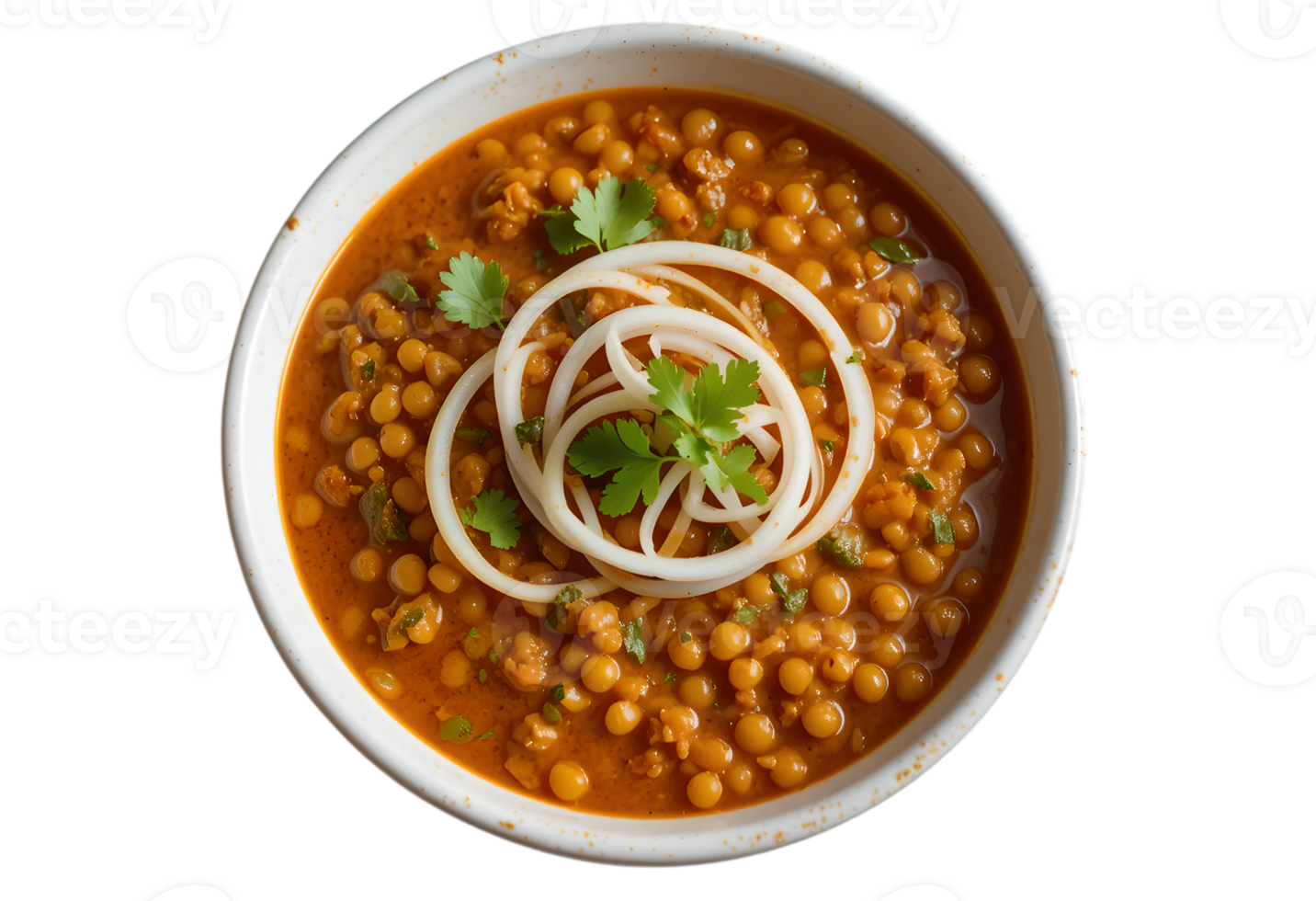 A bowl of Chana masala with onion Slice on top. png