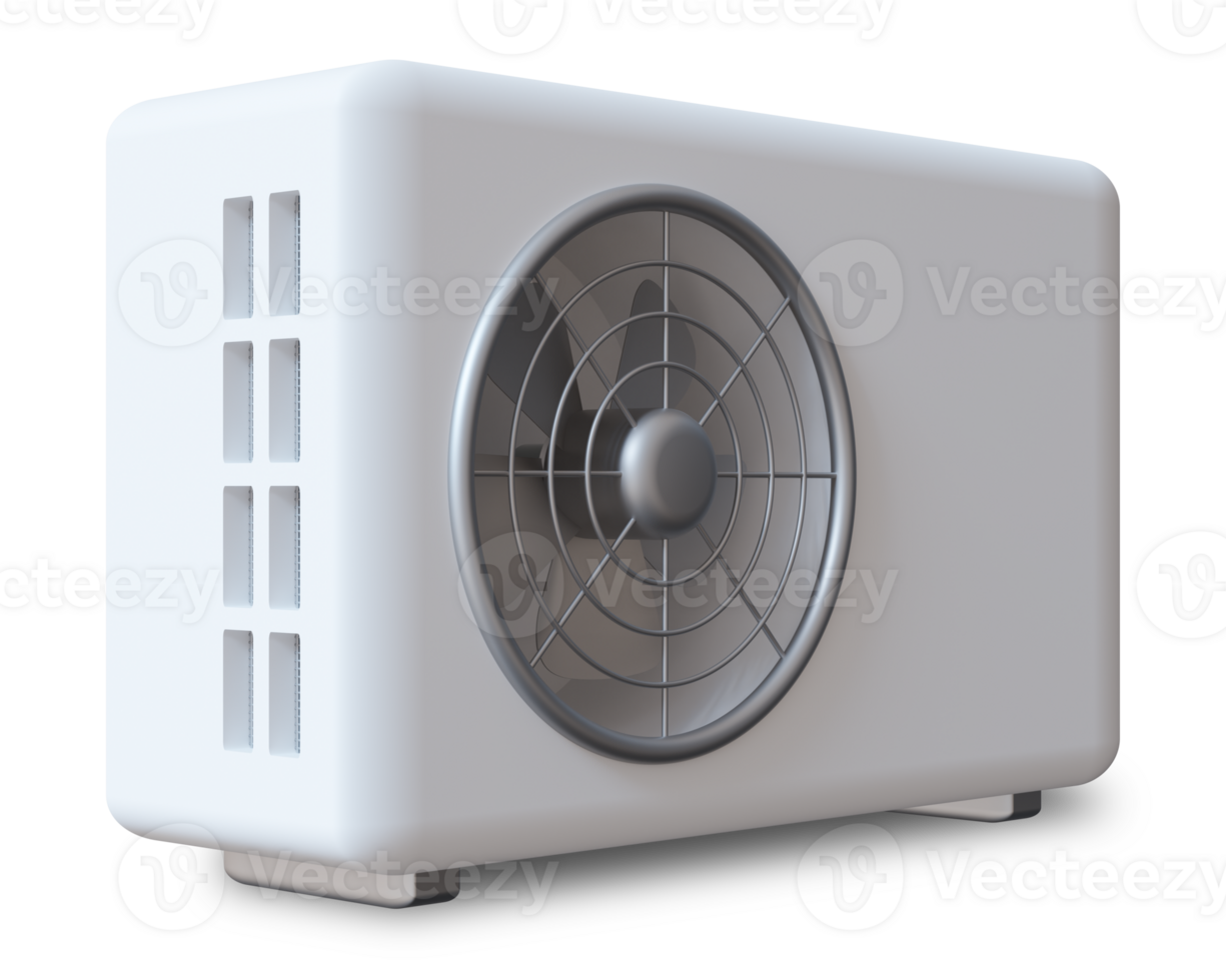White air source heat pump isolated on transparent background. Sleek, modern design, emphasizing energy efficiency for residential and commercial use. 3D render. png