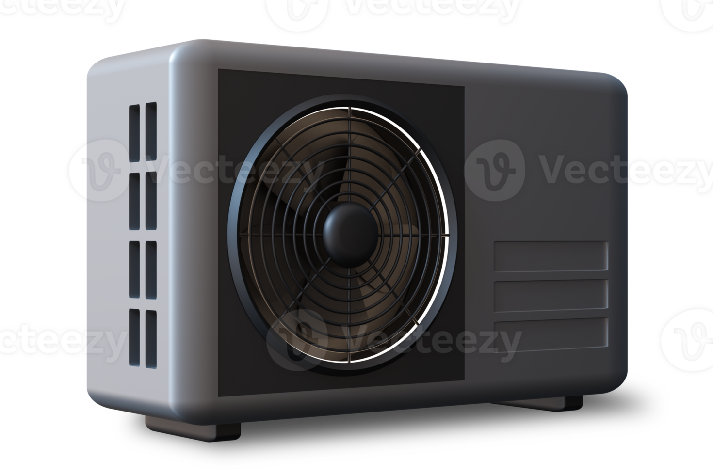 Air source heat pump, illustrating its compact design and essential components. Gray and black heating pump, isolated on transparent background. Side view. 3D render. png