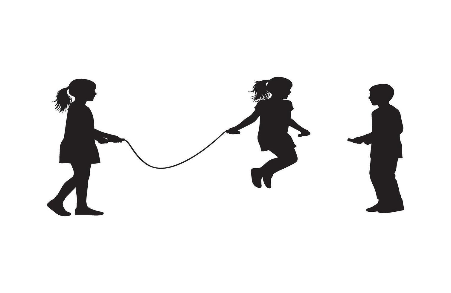 Silhouette of Three Kids Playing Jump Rope Outdoor Activity Scene vector