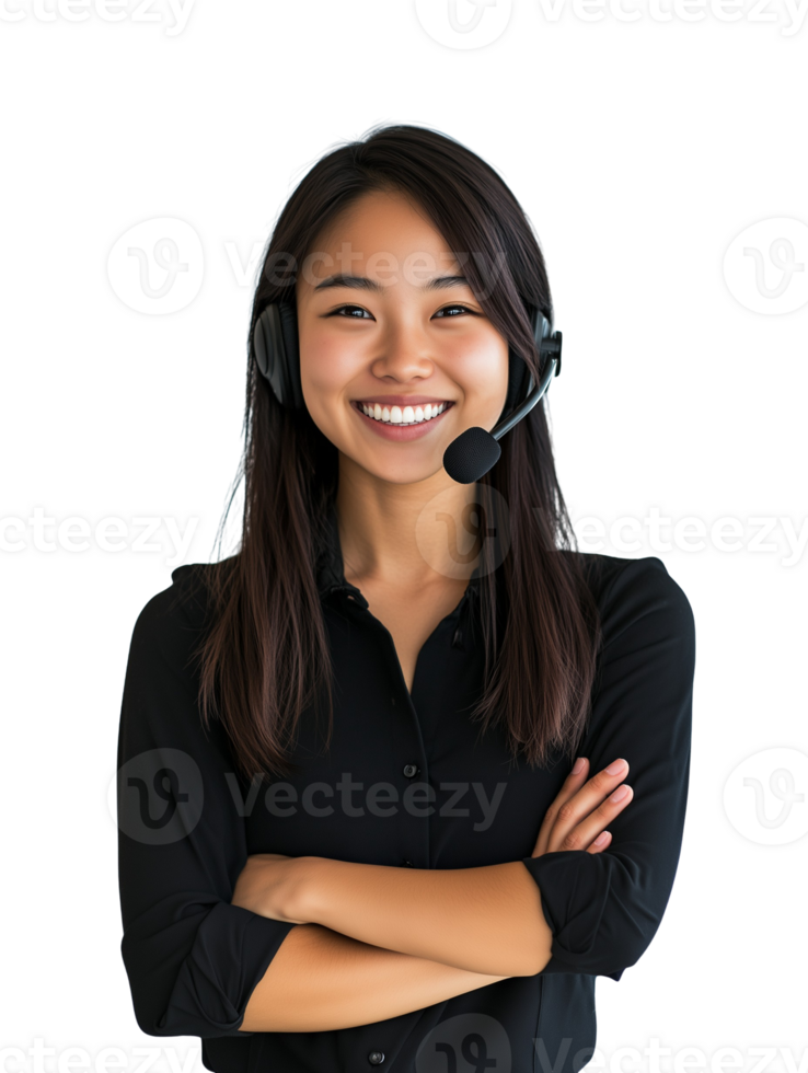 Smiling Asian woman with headset customer support on transparent background png