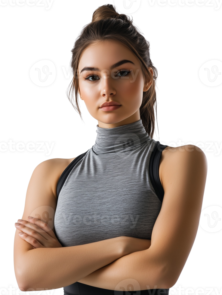 Confident fitness woman in gray sports top isolated on transparent background png