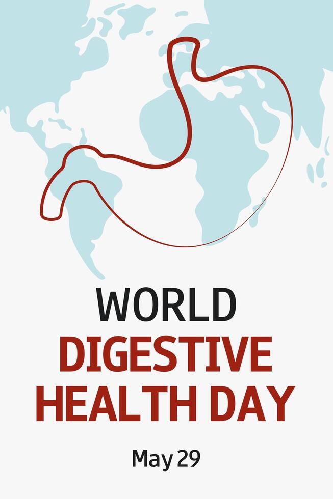 World Digestive Health day. WDHD. May 29. White vertical background with illustration of stomach, world map silhouette and text. Template for medical banner, card, poster. vector