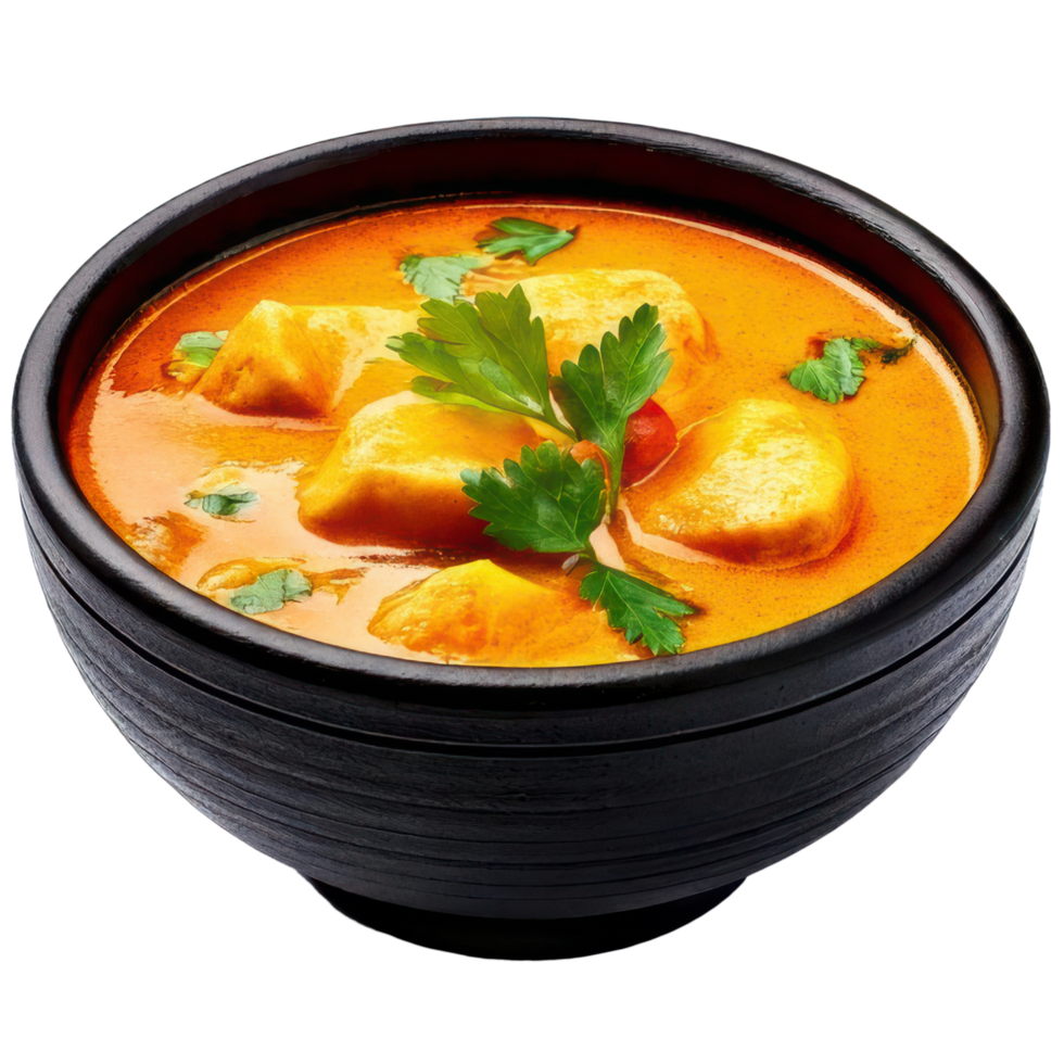 Spicy curry or Indian mulligatawny with chicken soup in black bowl png