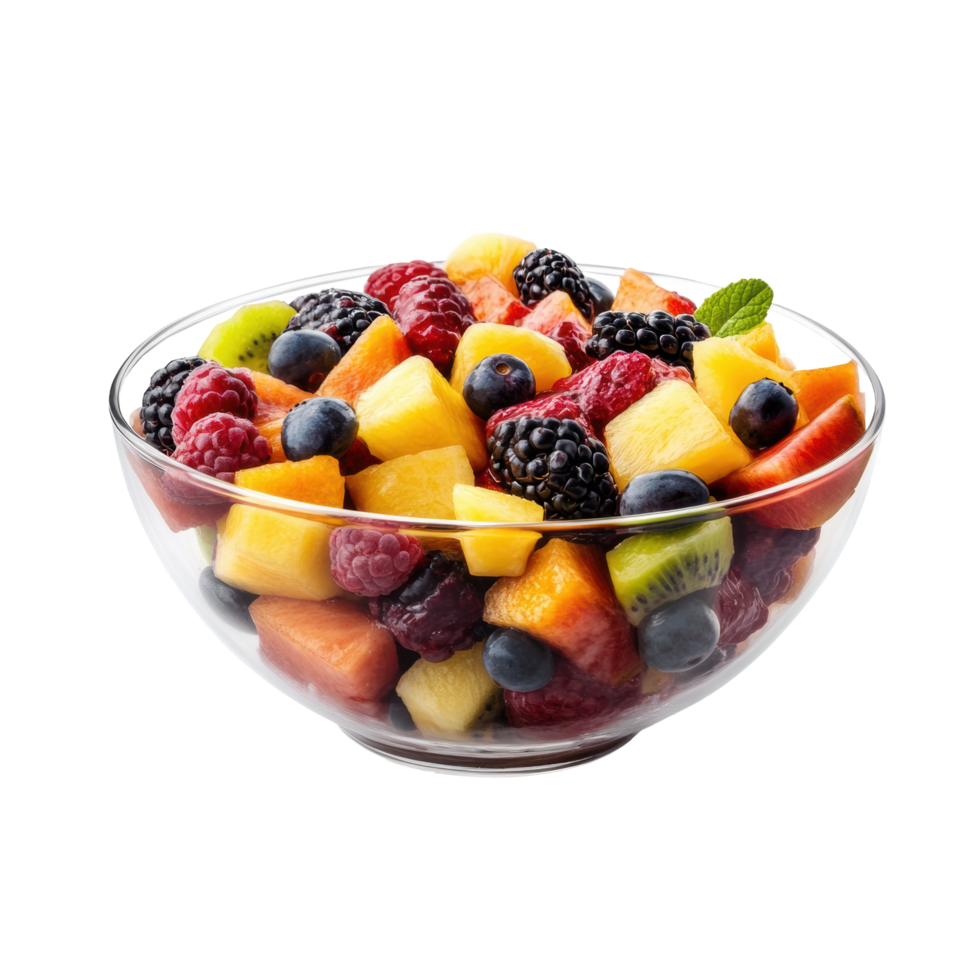 Fresh berries with kiwi and mix fruits salad in glass bowl png