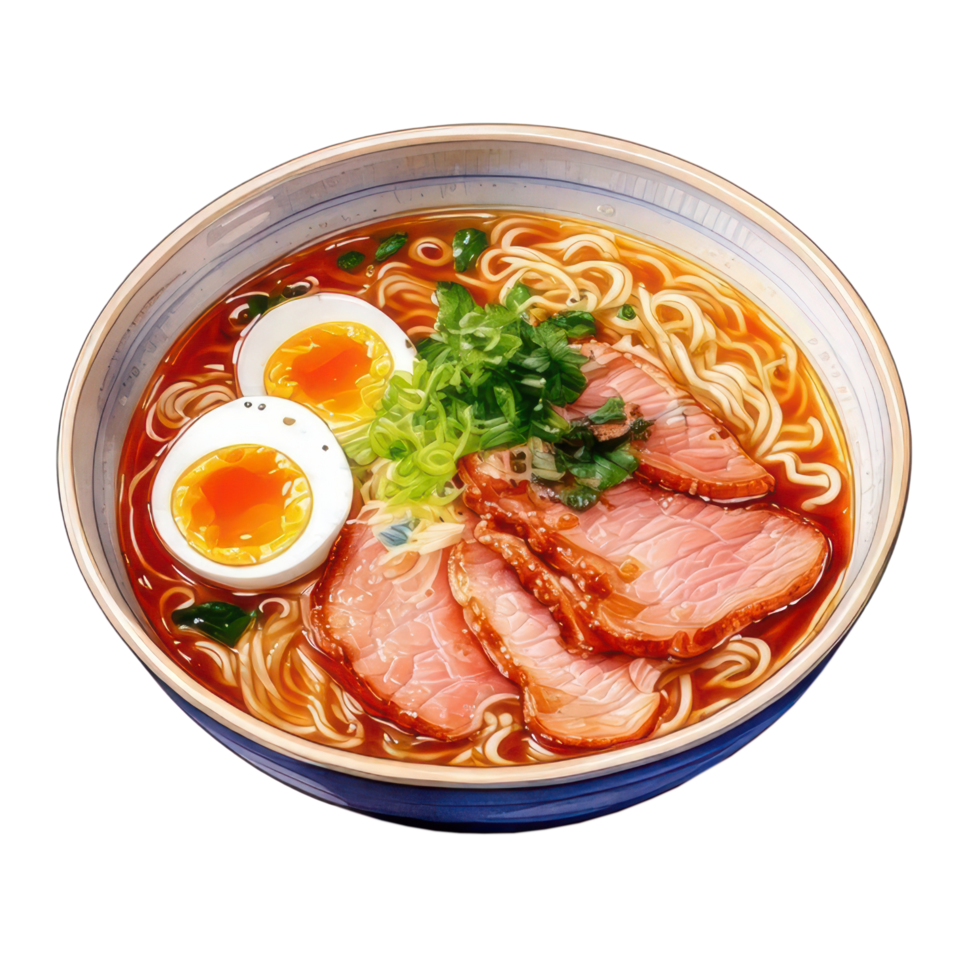 Watercolor ramen noodles with sliced pork and egg in a bowl clip art illustration png