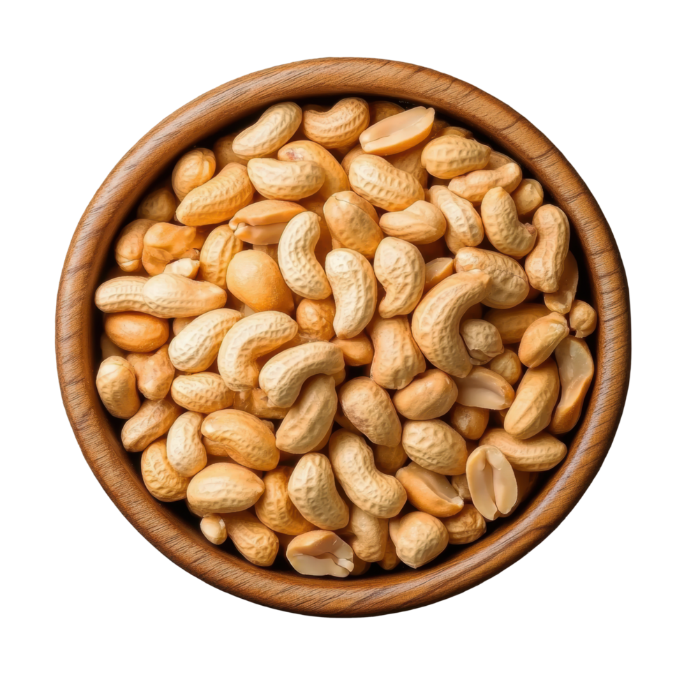 Salted peanuts in wooden bowl. Top view png