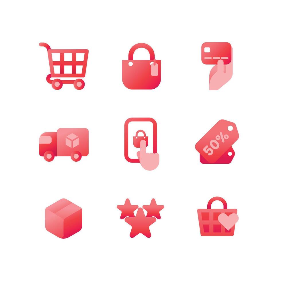 A set of 9 e-commerce and shopping icons, including cart, bag, delivery, credit card, discount, online shopping, wishlist, and product review. Modern flat style. vector