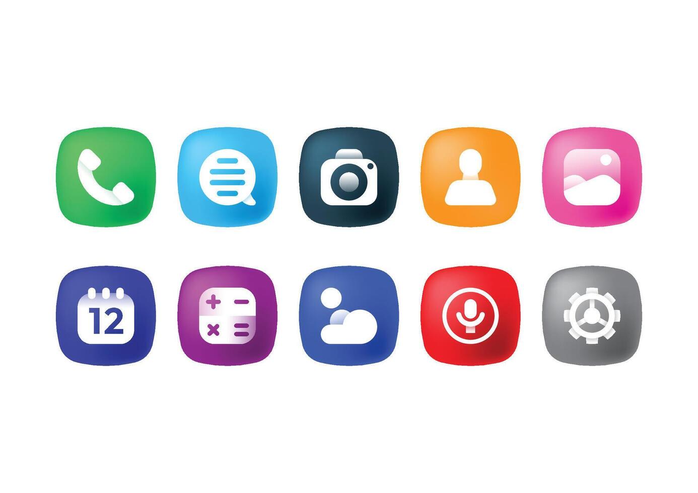 Colorful app icon set in rounded style. Includes phone, chat, camera, user, calendar, settings, and more. Perfect for UI, UX, and mobile app design. vector