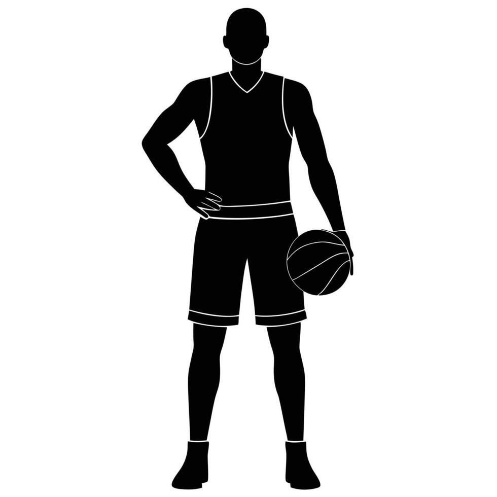 Isolated Silhouette of African American Player Posing with Basketball on White vector