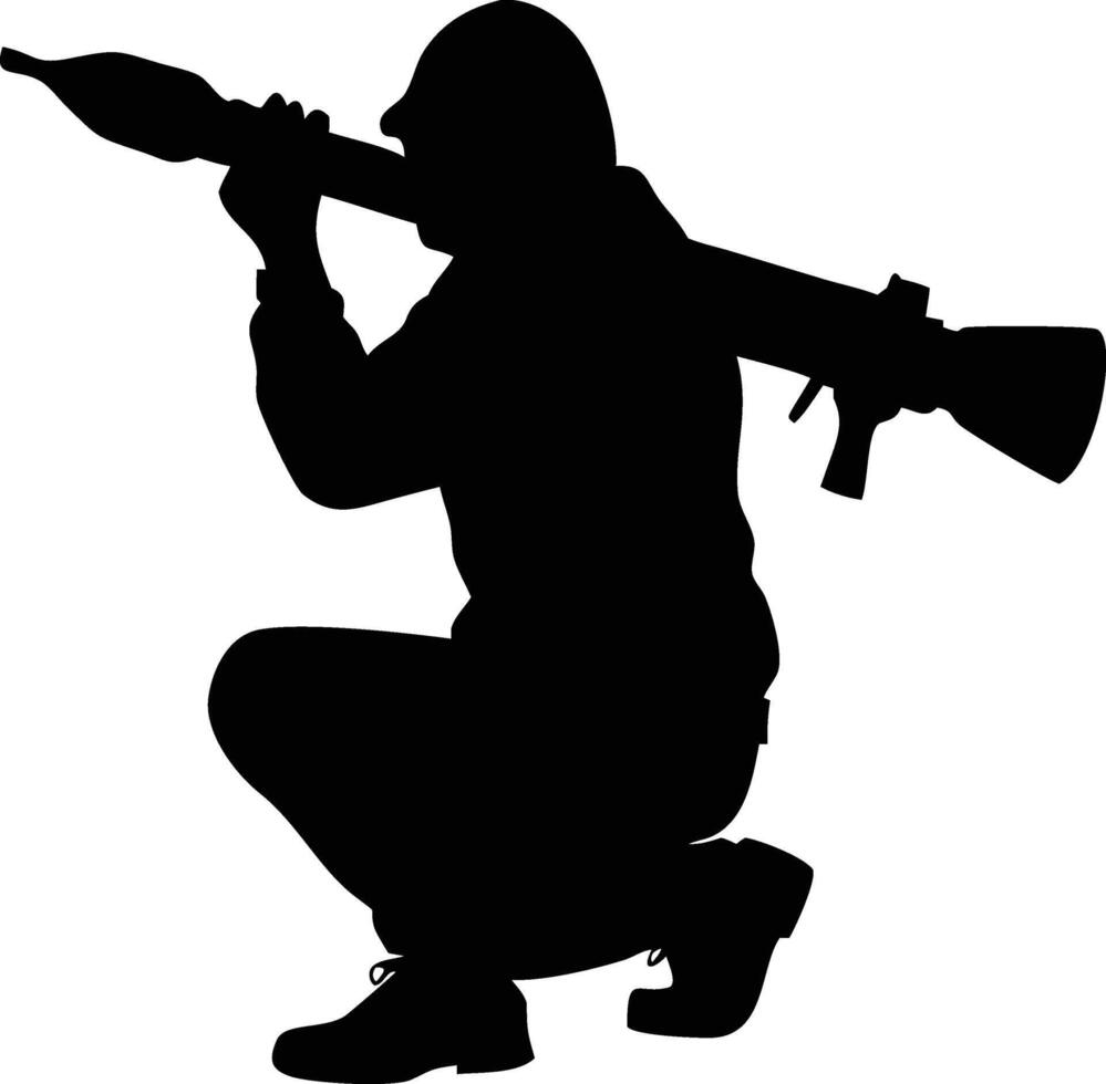Black Silhouette Of A Soldier Kneeling With Bazooka vector