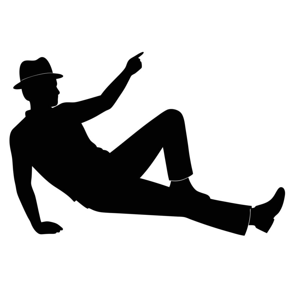 Reclining Man Silhouette with Hat Pointing Upwards on White Background vector