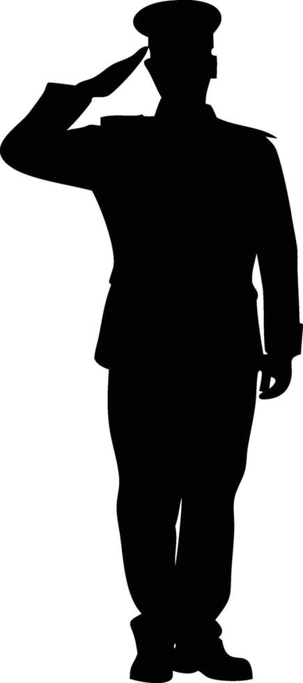 Black silhouette of saluting military officer wearing formal attire vector