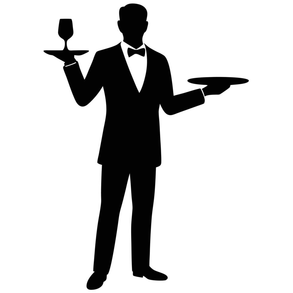 Full Body Silhouette of Waiter in Tuxedo with Tray and Glass vector