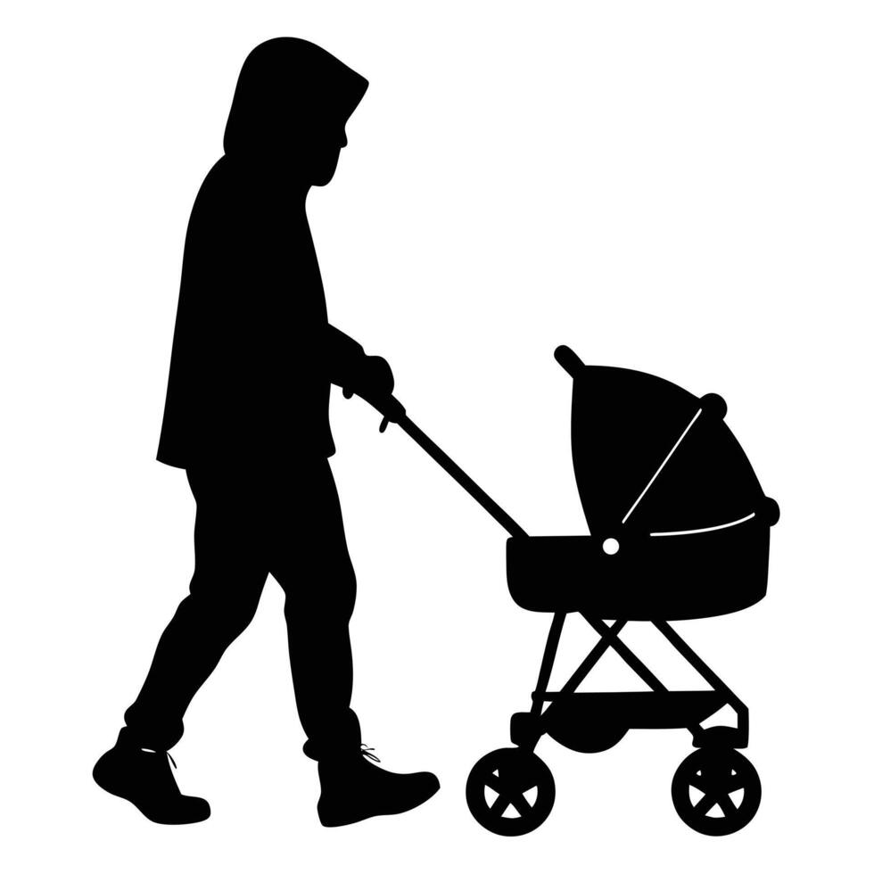 Silhouette Asian Parent Strolling with Baby Stroller vector