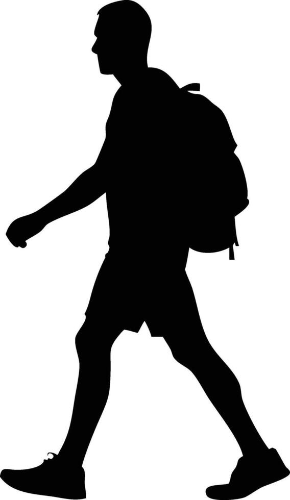 Male Silhouette Walking with Backpack Isolated on White. Full Body Side View vector