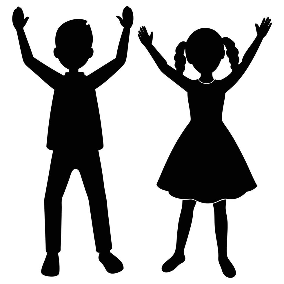 Cheerful Black Silhouette Boy and Girl with Pigtails Raising Hands, on White vector
