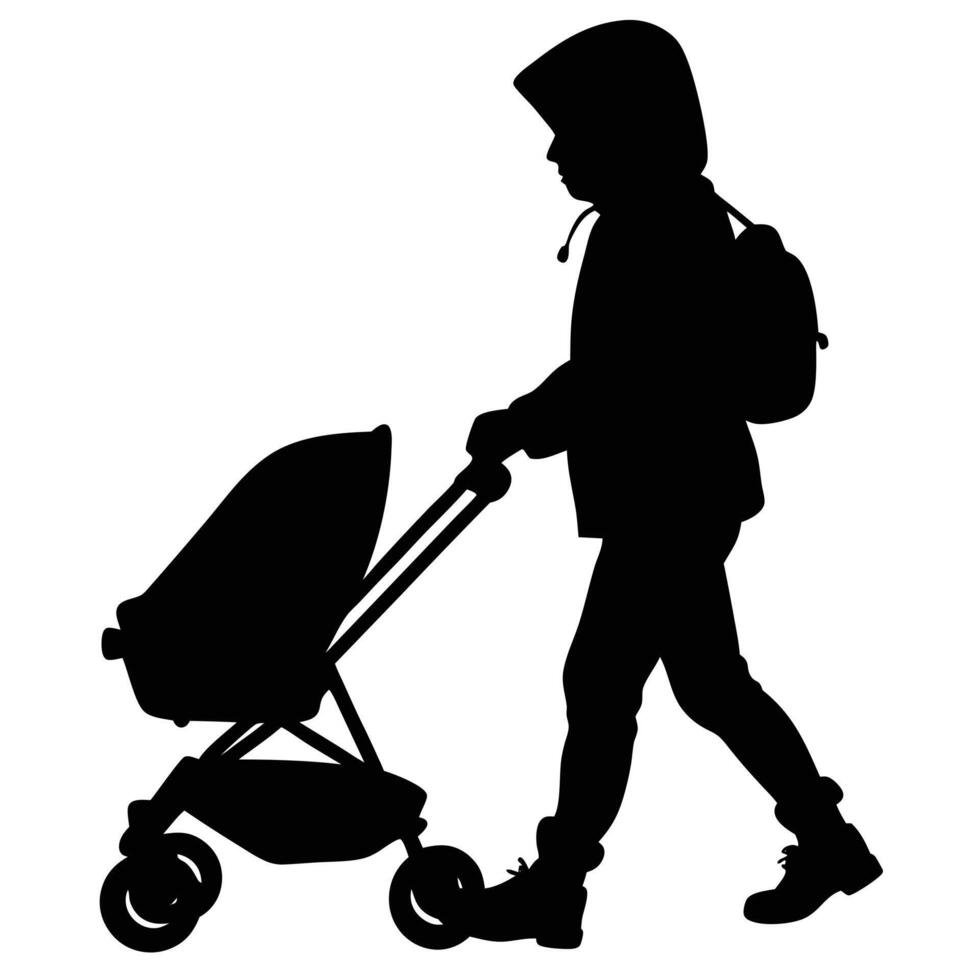 Silhouette Female Walking with Stroller, Wearing Hooded Jacket and Backpack vector