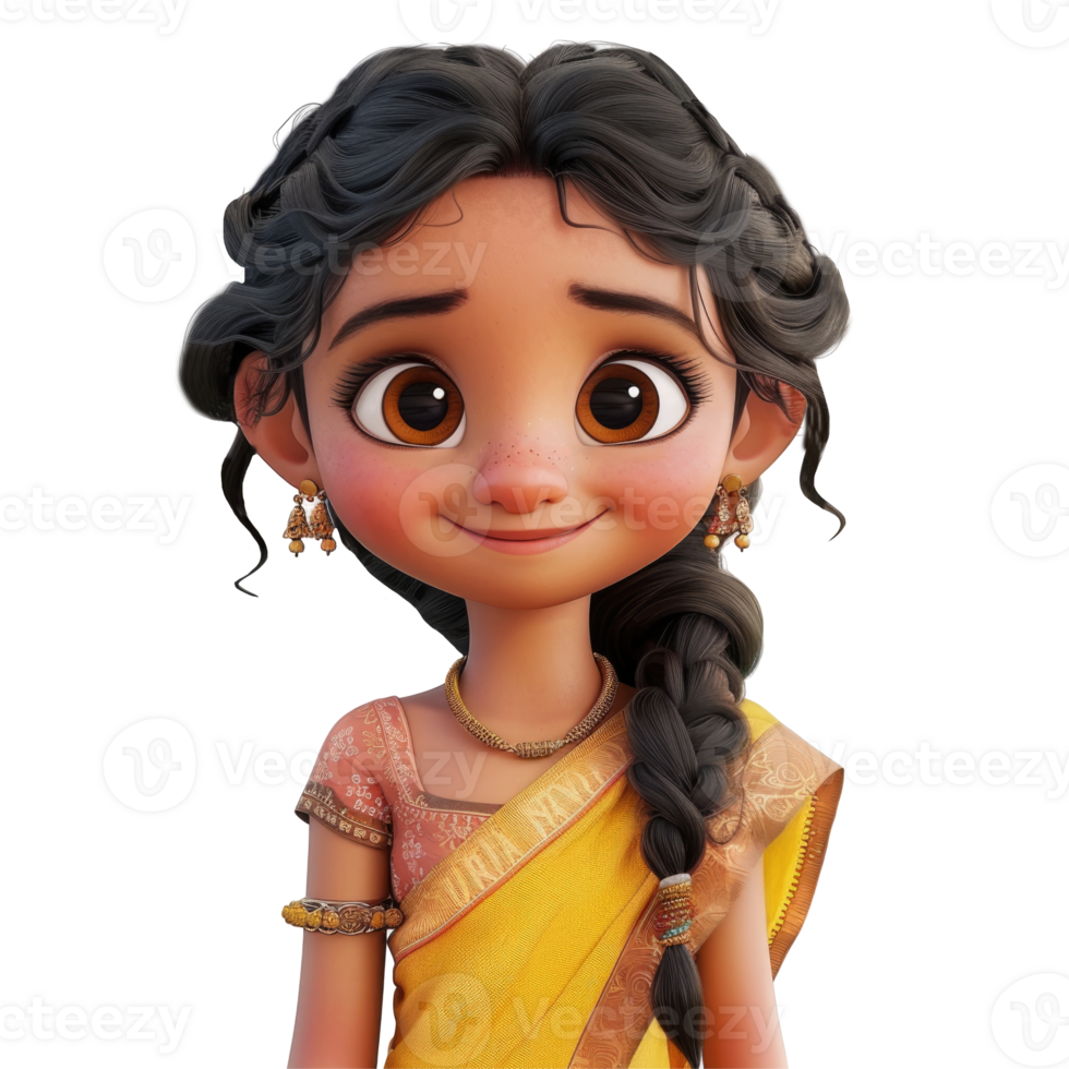 An animated image of a girl in a yellow sari png