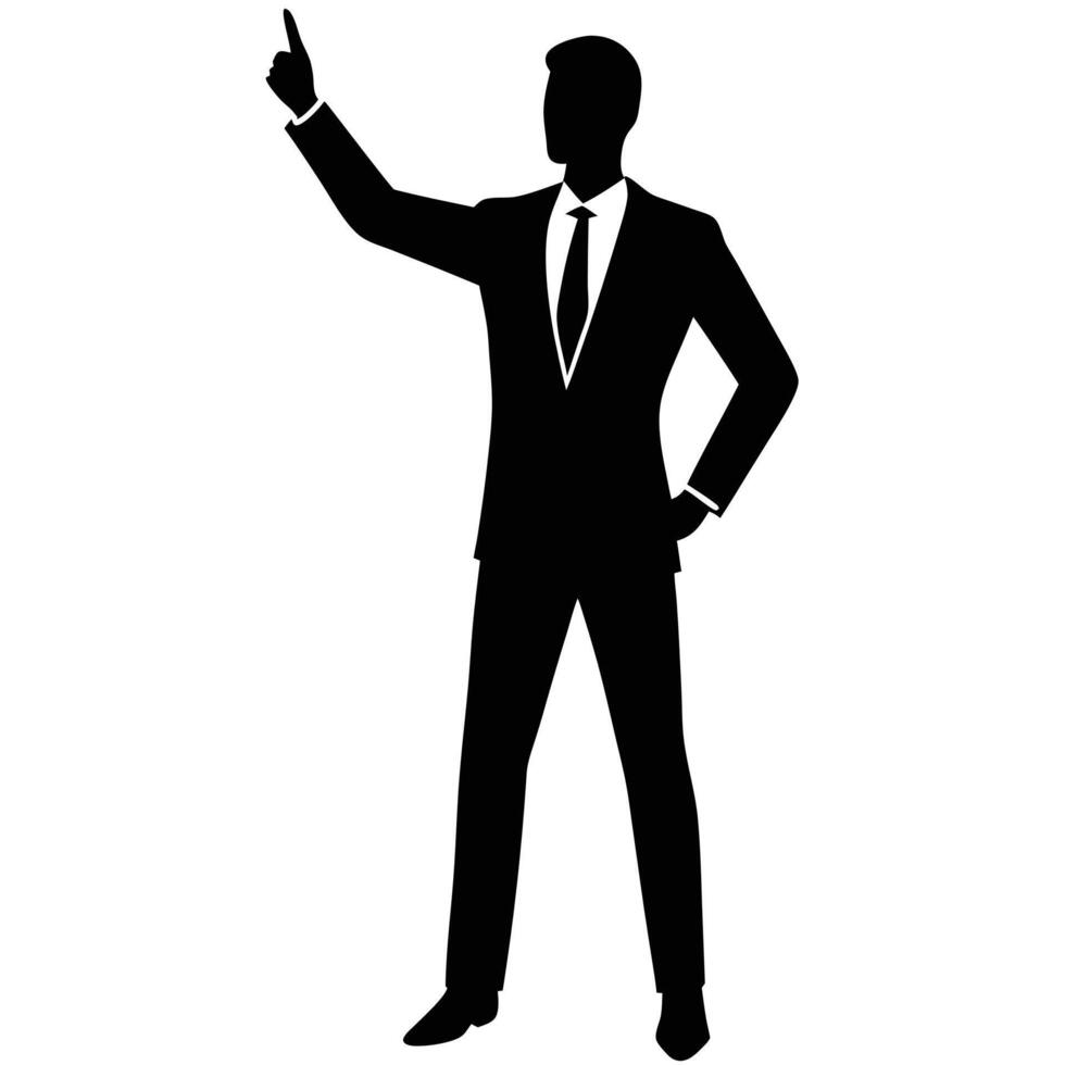 Isolated Black Silhouette of Businessman in Suit Pointing Up vector