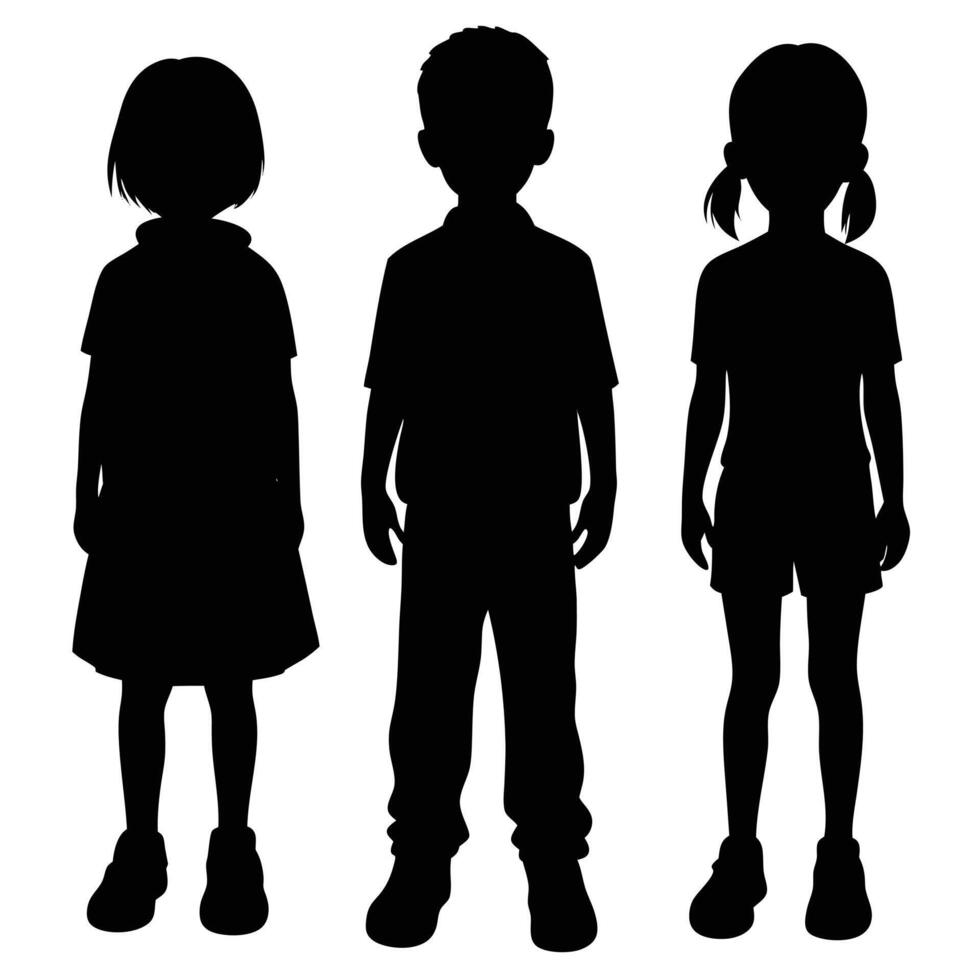Silhouetted Kids Trio Two Girls and One Boy Standing vector