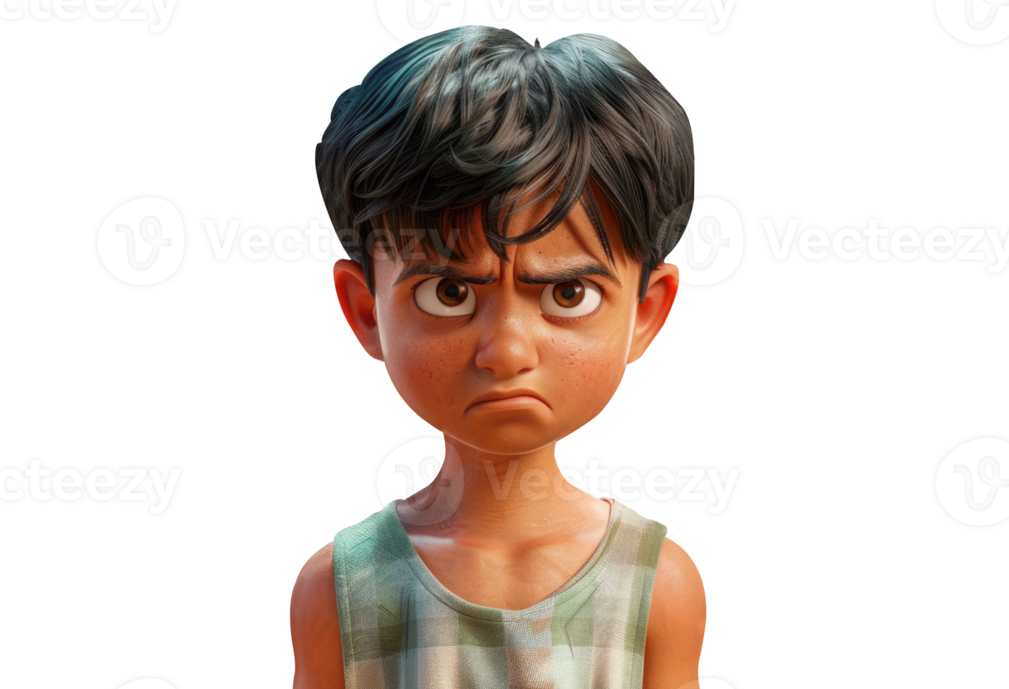 An angry young boy with dark hair and a shirt png