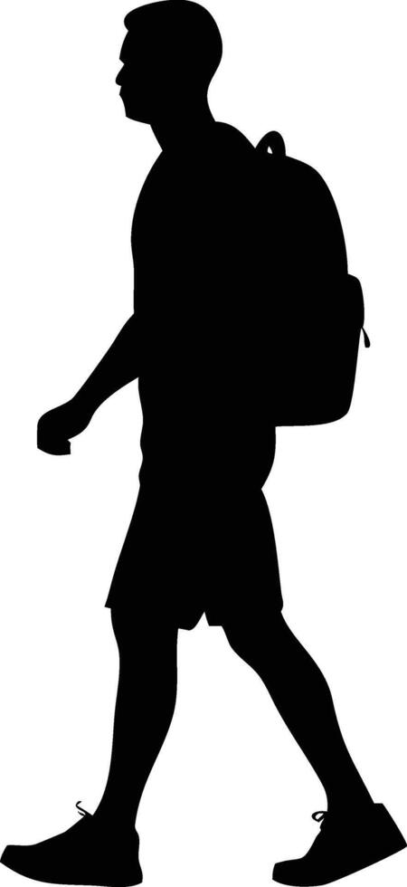 Man Silhouette Walking with Backpack in Shorts vector
