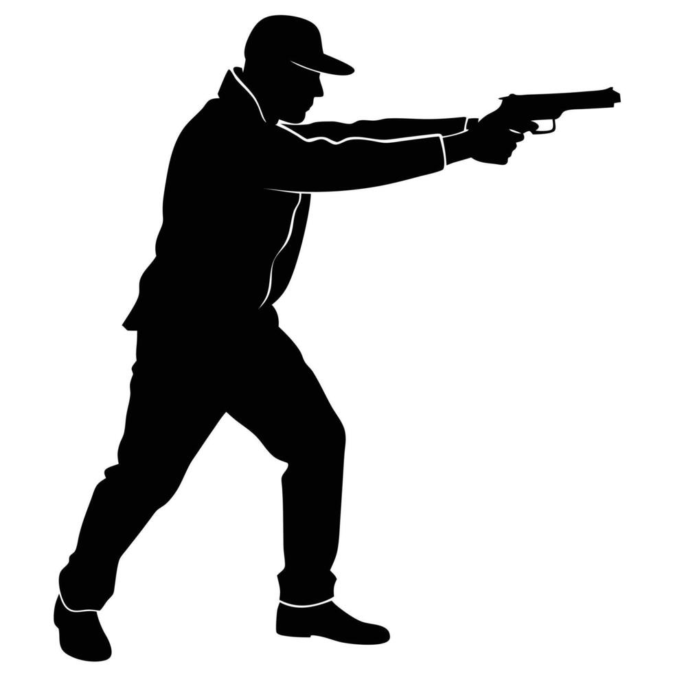 Man Silhouette Holding Firearm Aiming, Wearing Cap and Tracksuit on White vector