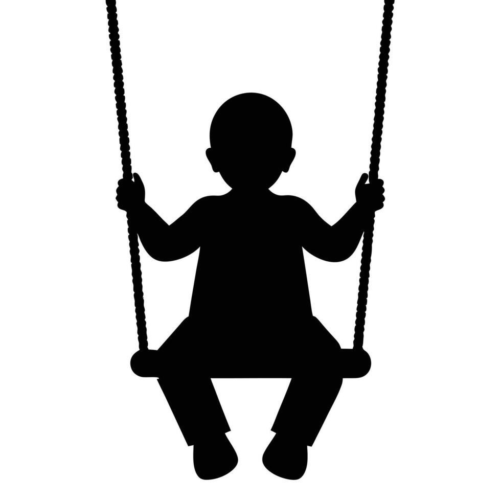 Silhouette of a Child on a Swing, Holds Ropes Tight vector
