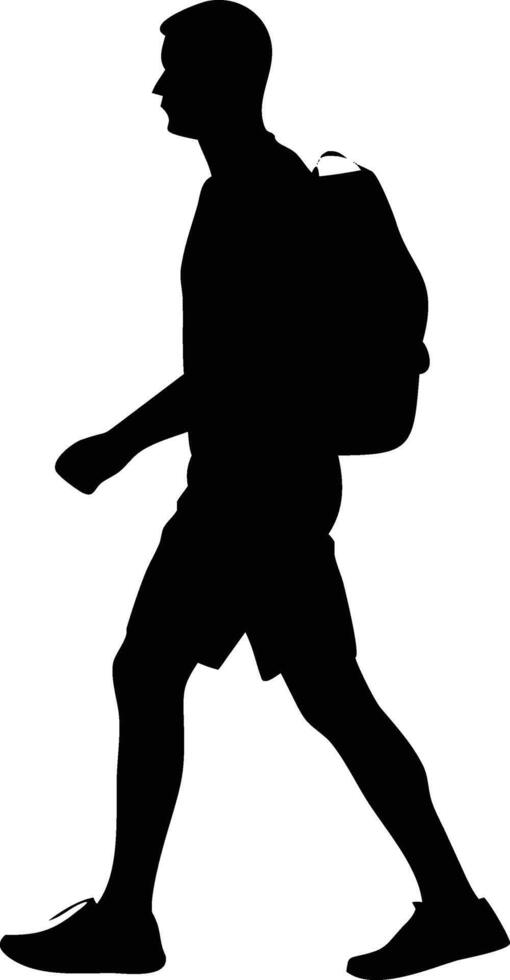 Silhouette Of Caucasian Man Walking With Backpack vector