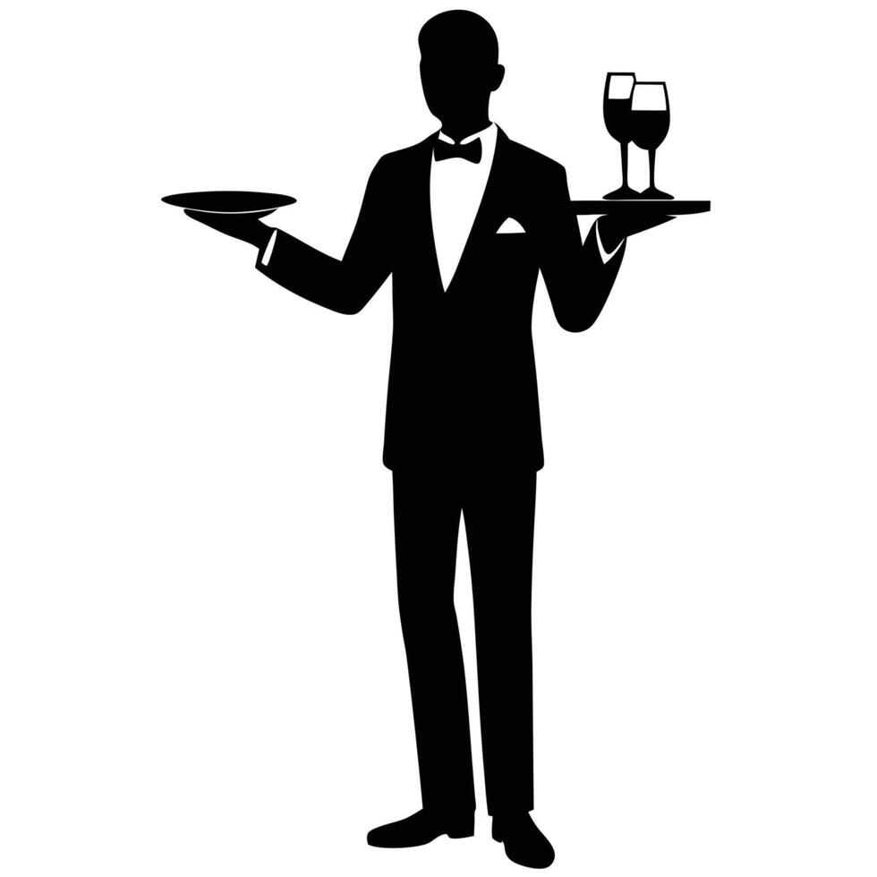 Full Body Waiter Silhouette with Tuxedo Serving Wine and Plate on White Background vector