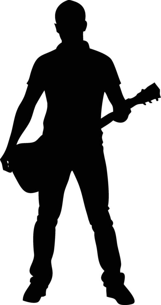 Man Silhouette Holding Guitar in Hand, White Background vector