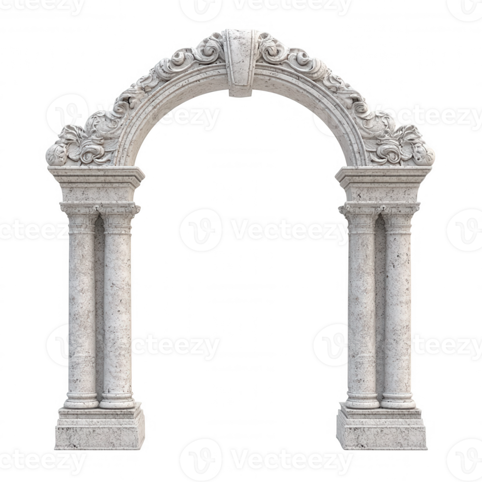 Classic stone arch adorned with intricate floral decorations and supported by elegant columns, isolated on a transparent background png
