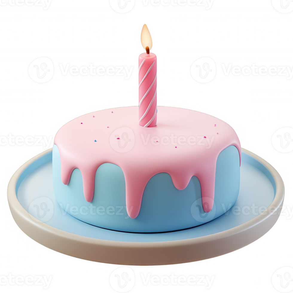 3d icon illustration pastel lit cake with birthday candle, meringue dripping transparent frosting rendered in clean graphic against details, background png