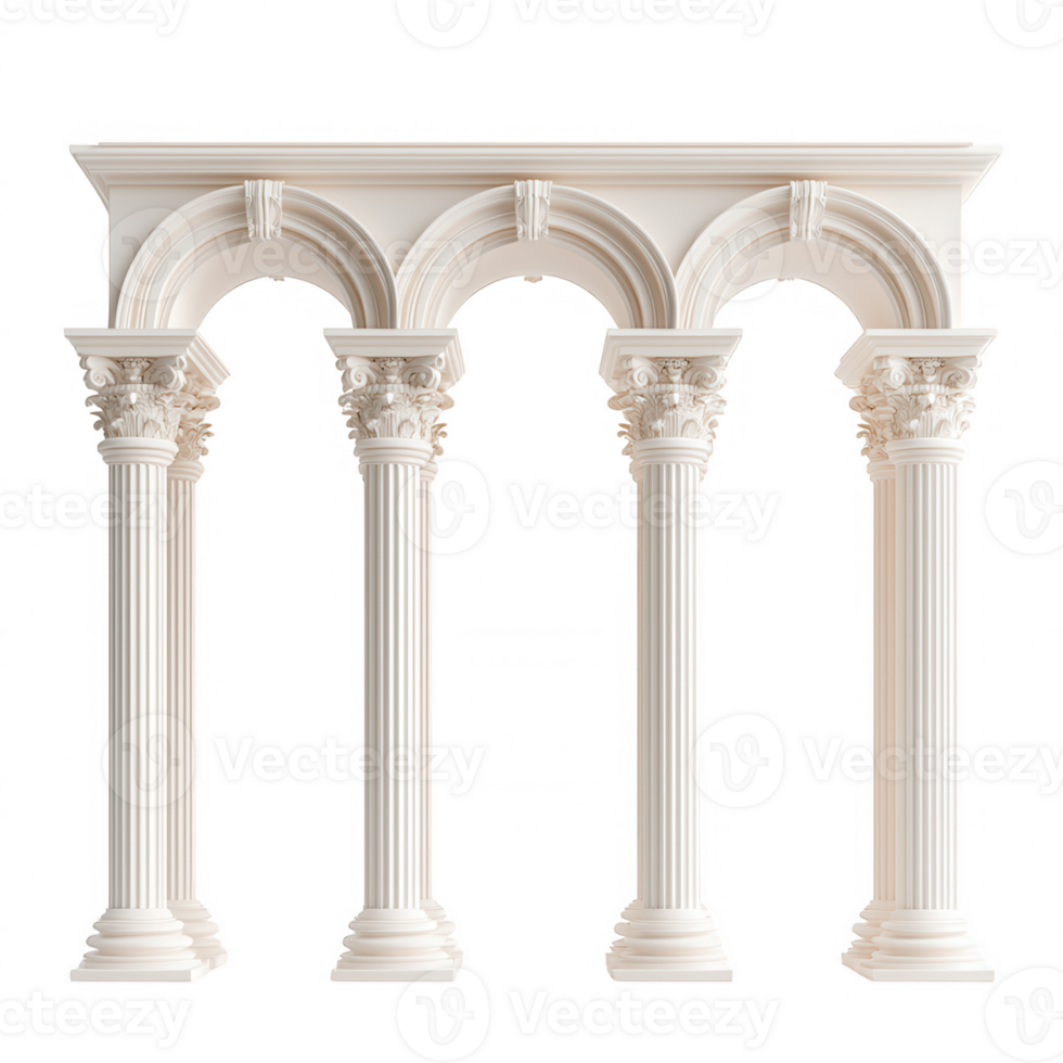 Architectural white columns framing elegant stone arches composite order, supporting classical design elements against transparent background png