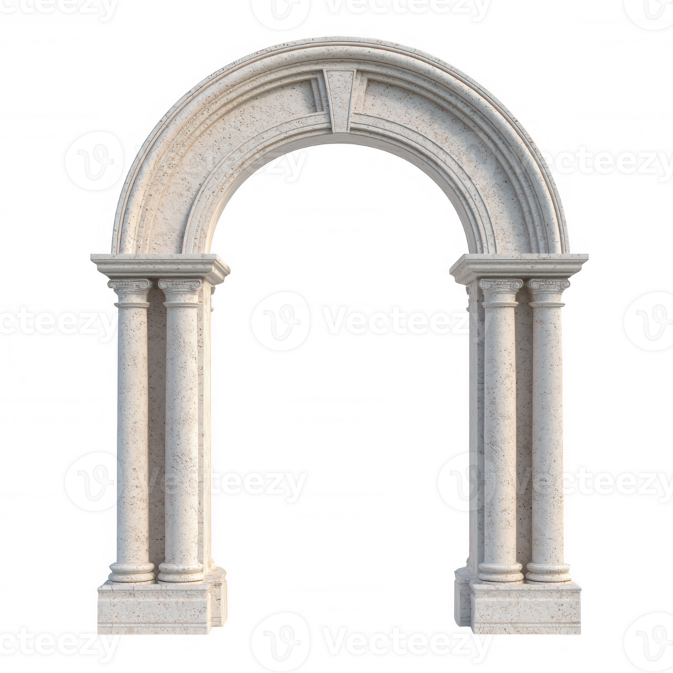Classic stone frame arch adorned with intricate floral decorations and supported by elegant columns, isolated on a transparent background png