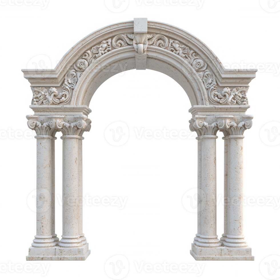 Classic stone arch adorned with intricate floral decorations and supported by structure columns, isolated on a transparent background png