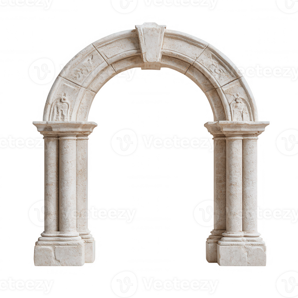 Classic stone arch adorned with intricate floral decorations and supported by architecture columns, isolated on a transparent background png