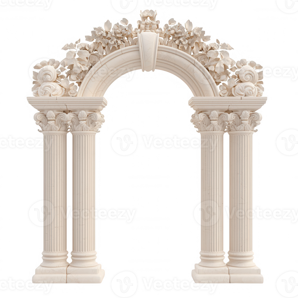 3d Architectural white columns framing elegant stone arches composite order, supporting classical design elements against transparent background png