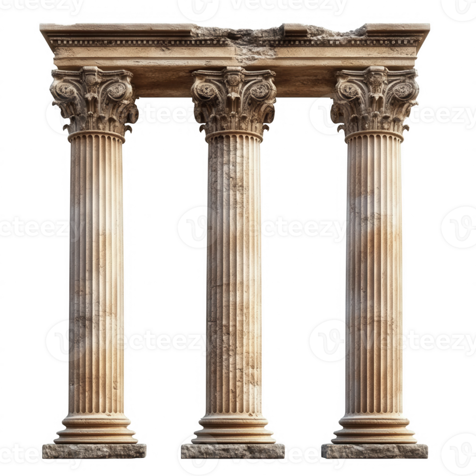 Weathered corinthian columns supporting crumbling stone entablature, highlighting classical architectural remnants from greek historical landscape isolated transparent background png