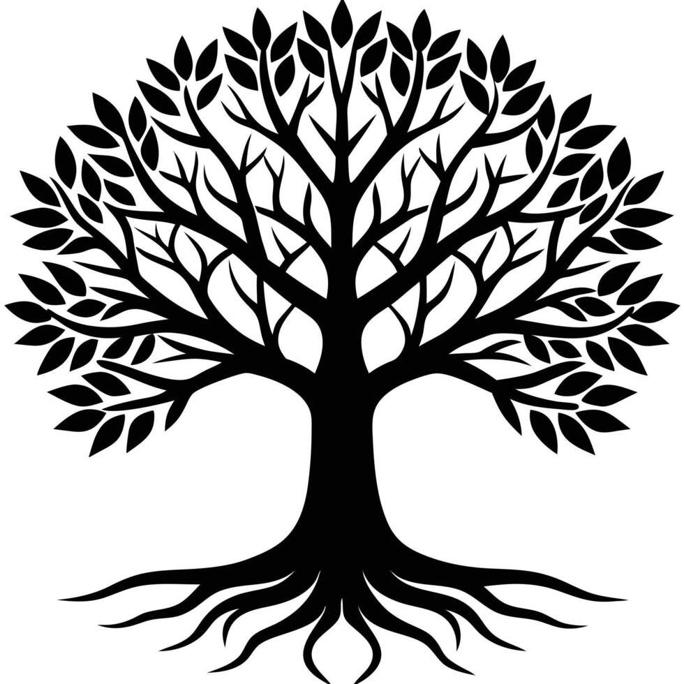 Tree of Life Silhouette, Rooted Tree Isolated on White vector