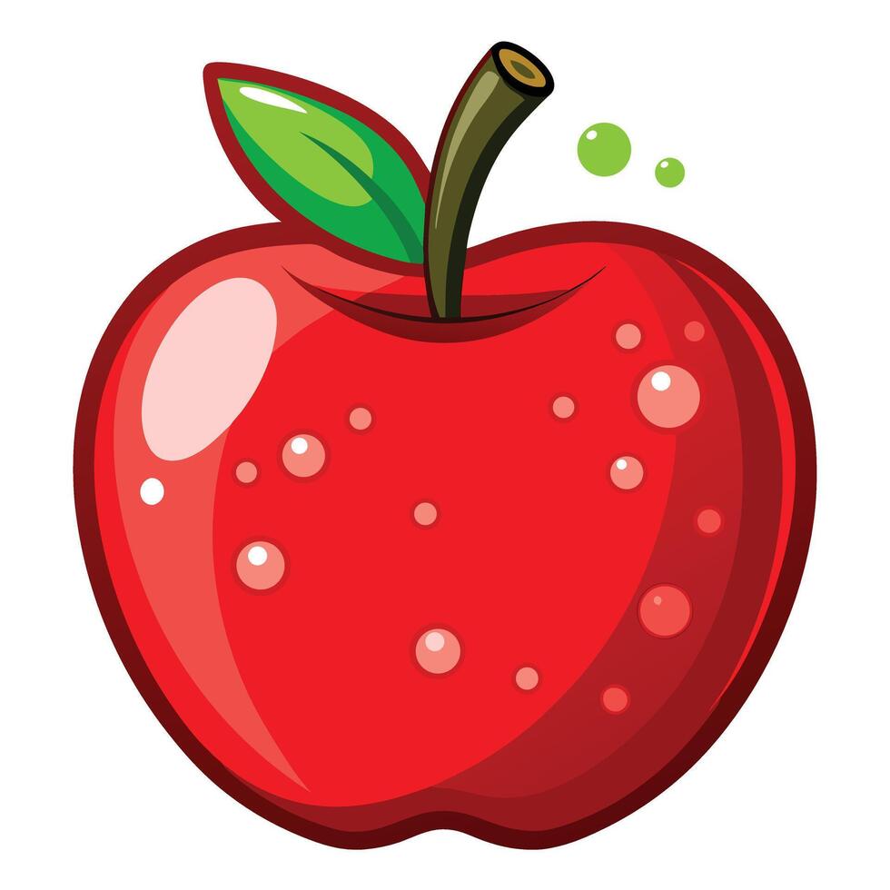 Isolated Red Apple with Green Leaf, Stem, Water Droplets on a White Background vector