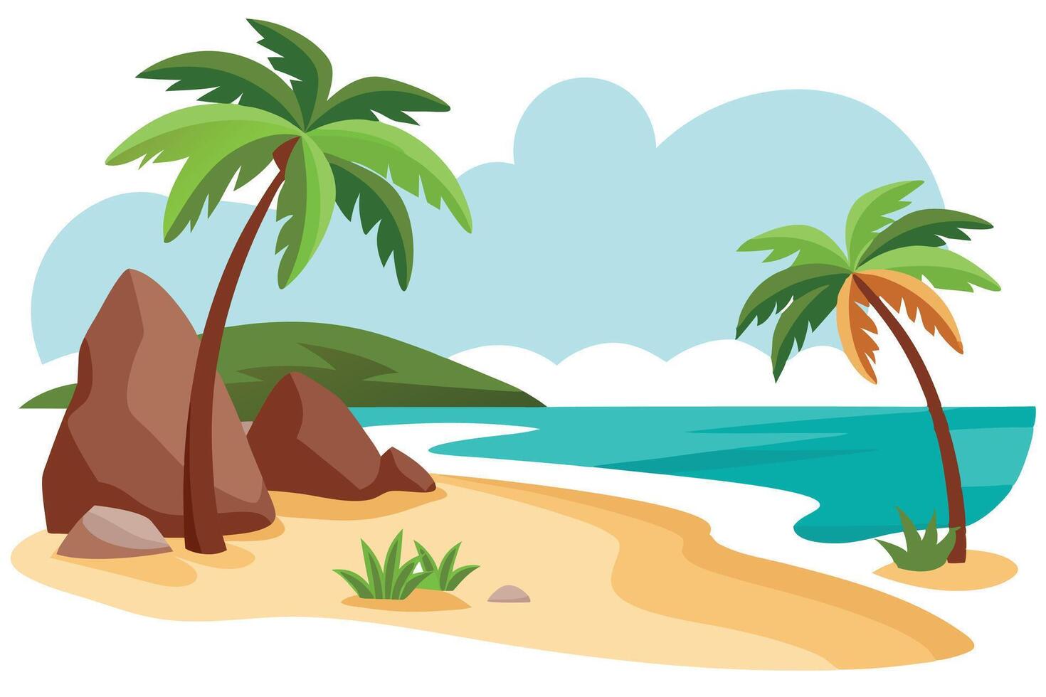 Sandy Beach with Palm Trees and Turquoise Water in a Tropical Cartoon Style vector
