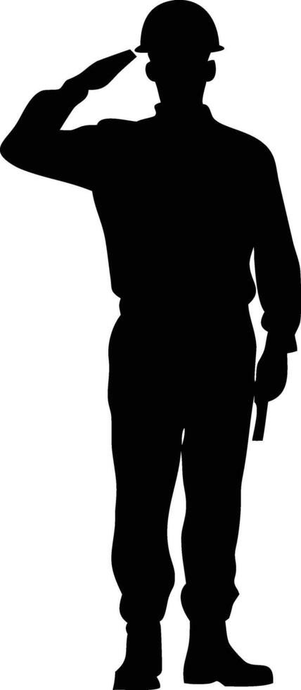 Standing Soldier Silhouette Saluting with Hard Hat vector