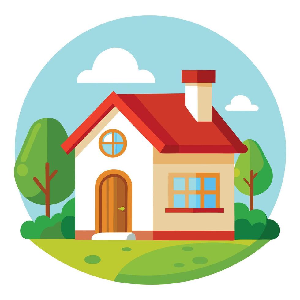 Flat Design House Surrounded By Trees With Green Grass And Blue Sky, vector