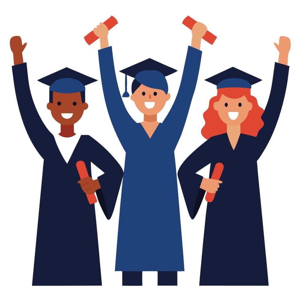 Cheerful Graduates Raising Diploma in Graduation Gowns and Mortarboards on White vector