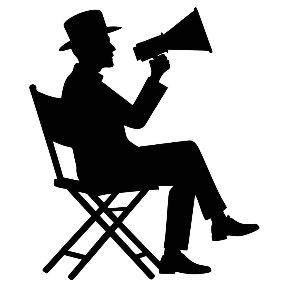 Director silhouette with megaphone on chair icon on white background for stock use vector
