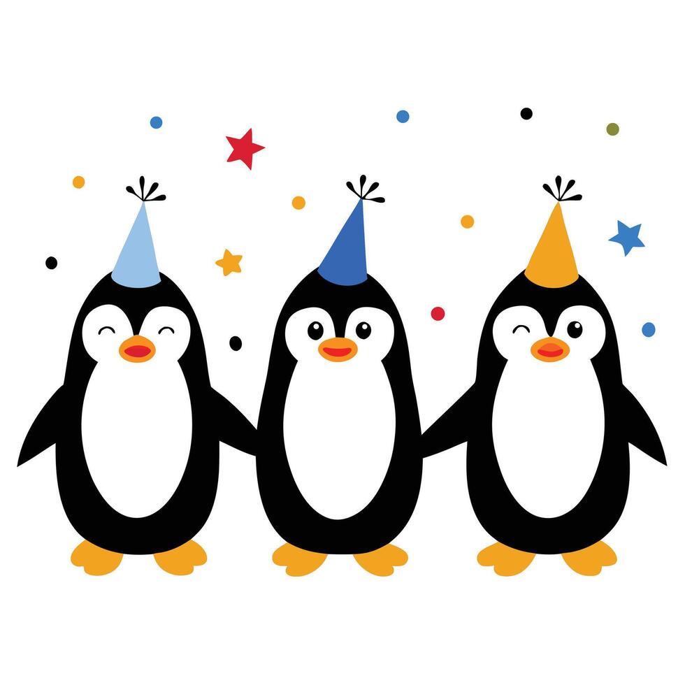 Cartoon Penguin Party Hats with Confetti Smiling Together Celebration on White vector