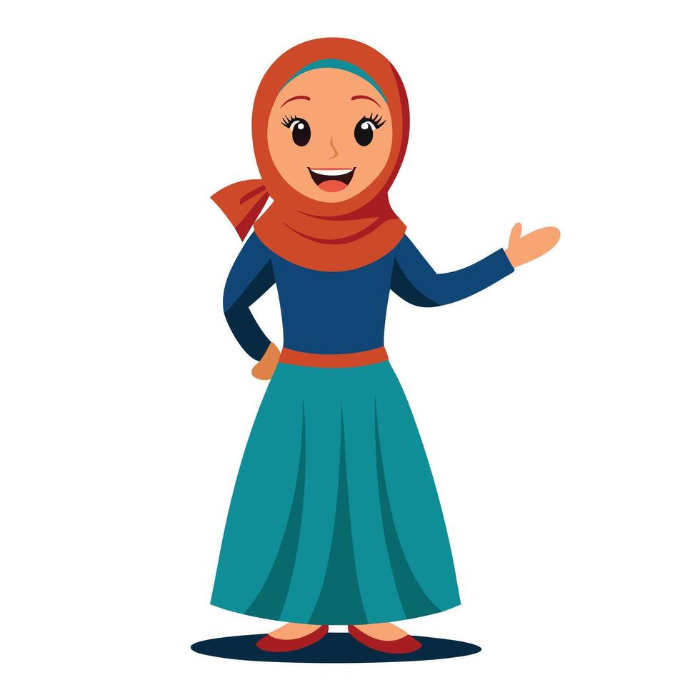 Cartoon Muslim Woman in Hijab Presenting with Open Hand on White Background vector