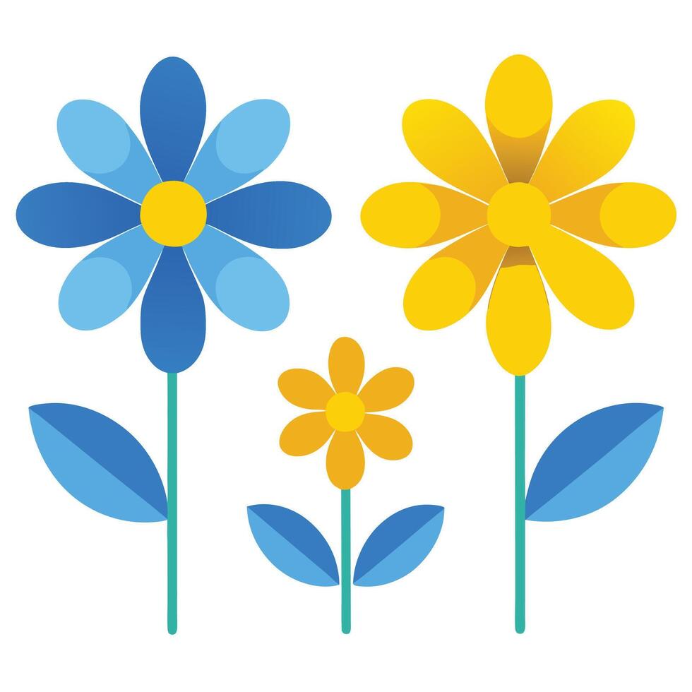 Colorful Flowers Design with Blue and Yellow Petals on White Background vector